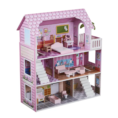 Roze poppenhuis met 10 stuks accessoires